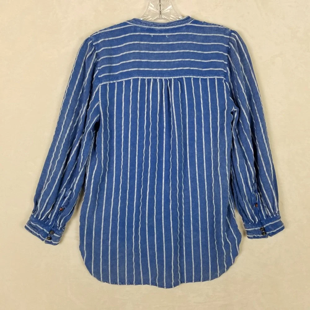 Anthropologie Striped Blouse Womens Size 2 Blue Linen Blend Puff Sleeve V-Neck